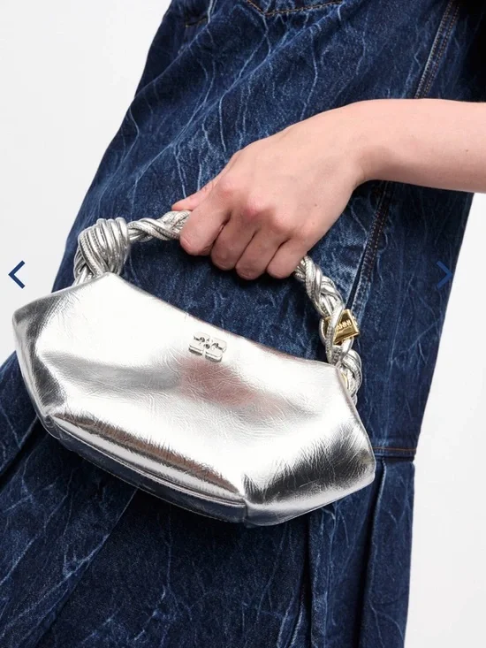 NWT GANNI Bou Mini Bag Silver Metallic Leather Top Handle Logo Bag Purse - Picture 2 of 7